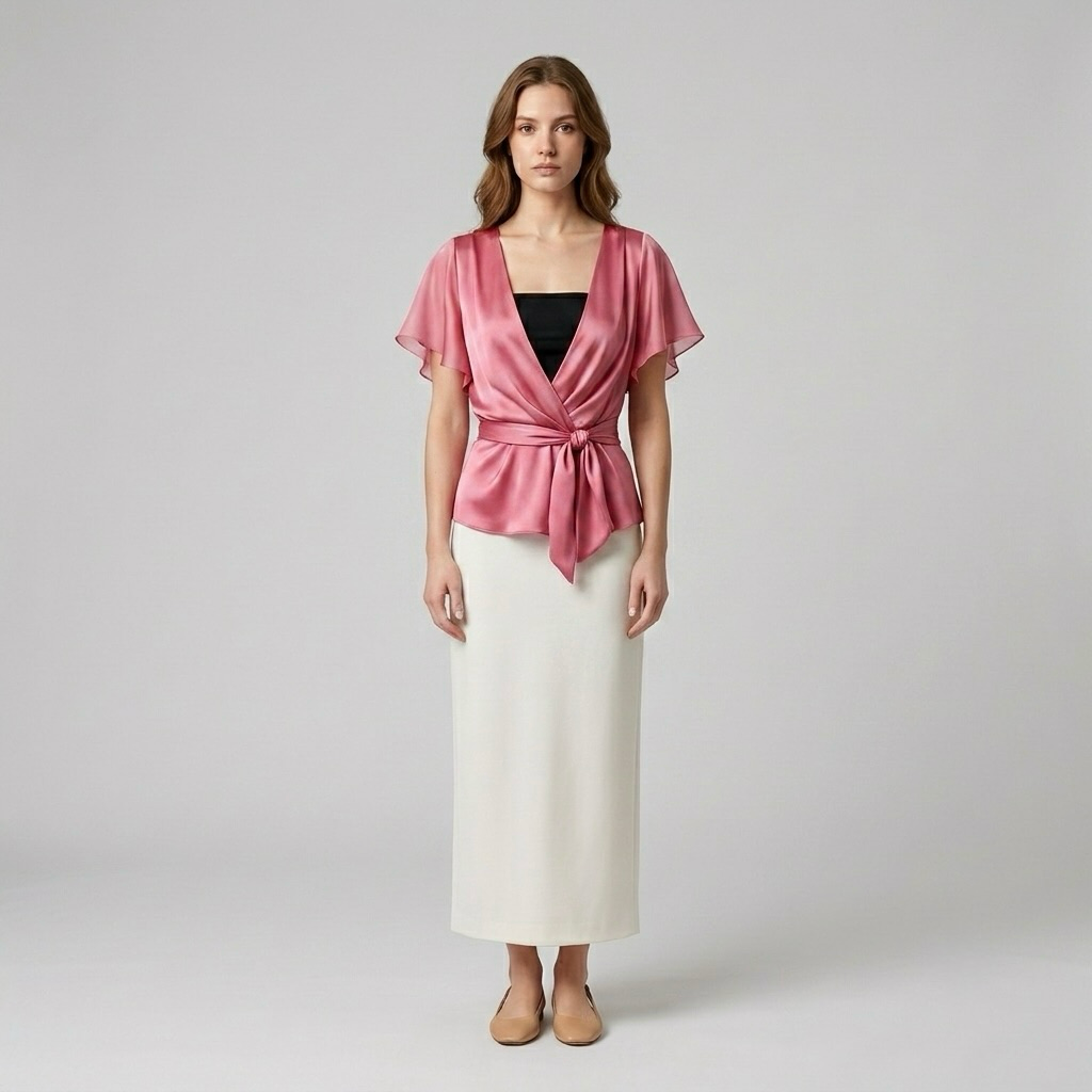 Satin Flutter Wrap Blouse