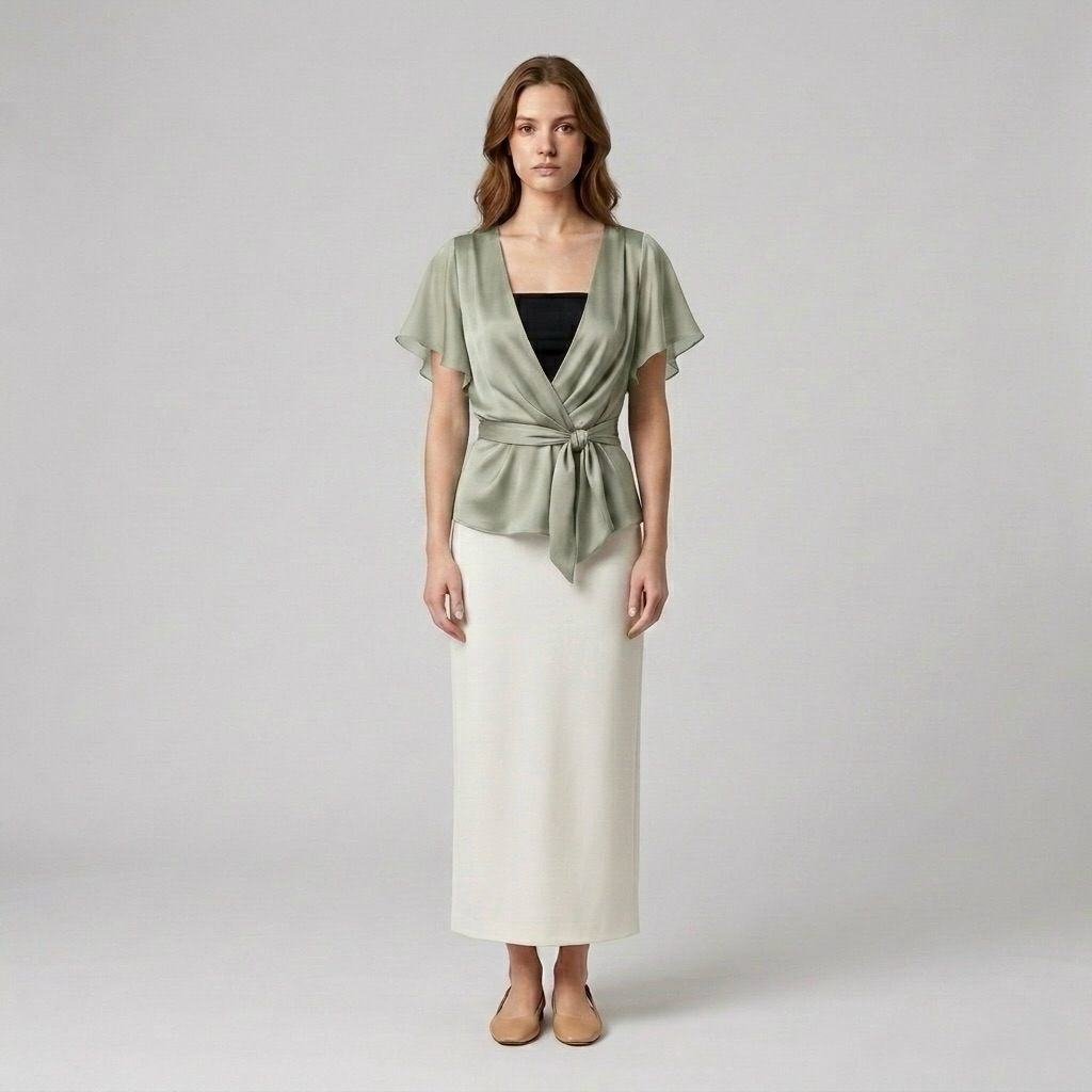 Satin Flutter Wrap Blouse