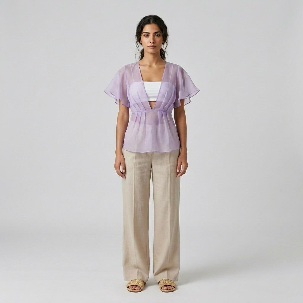 Sheer Waist-Detail Flutter Blouse