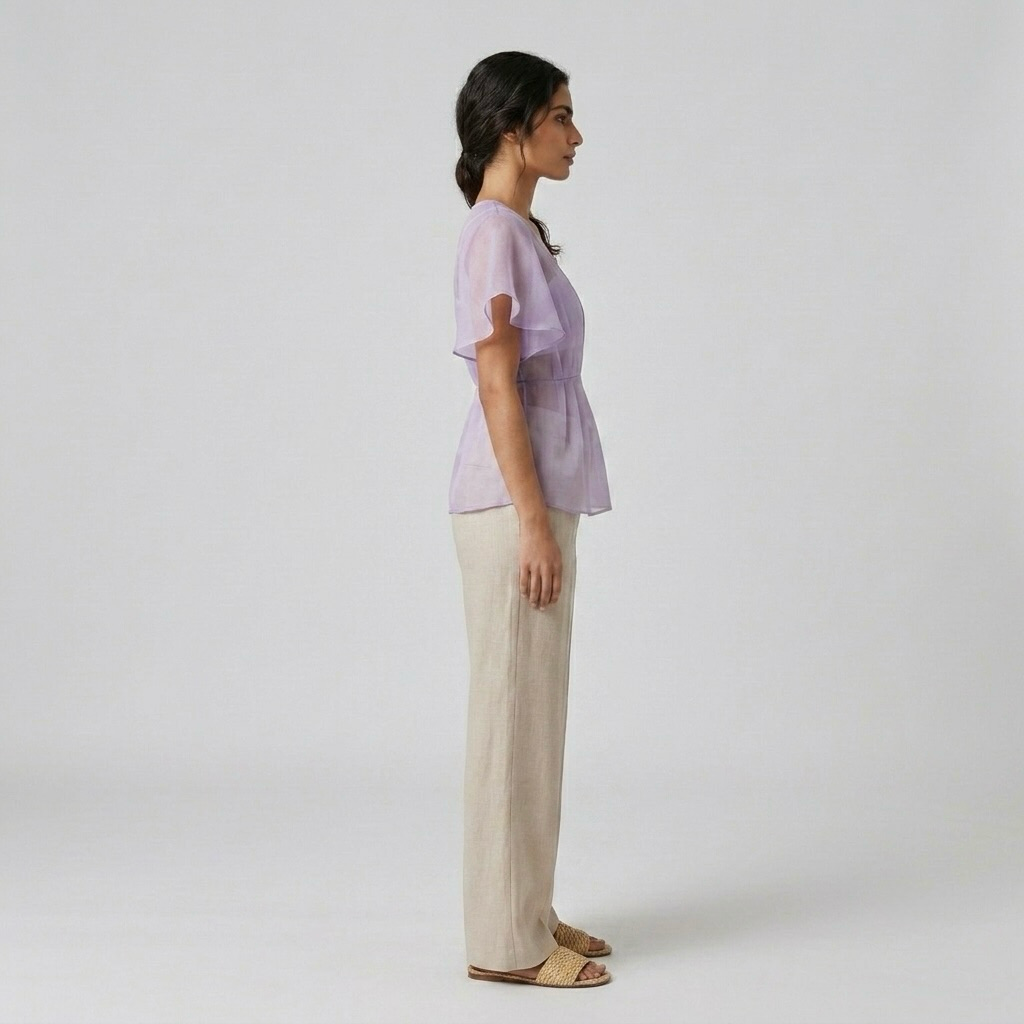 Sheer Waist-Detail Flutter Blouse