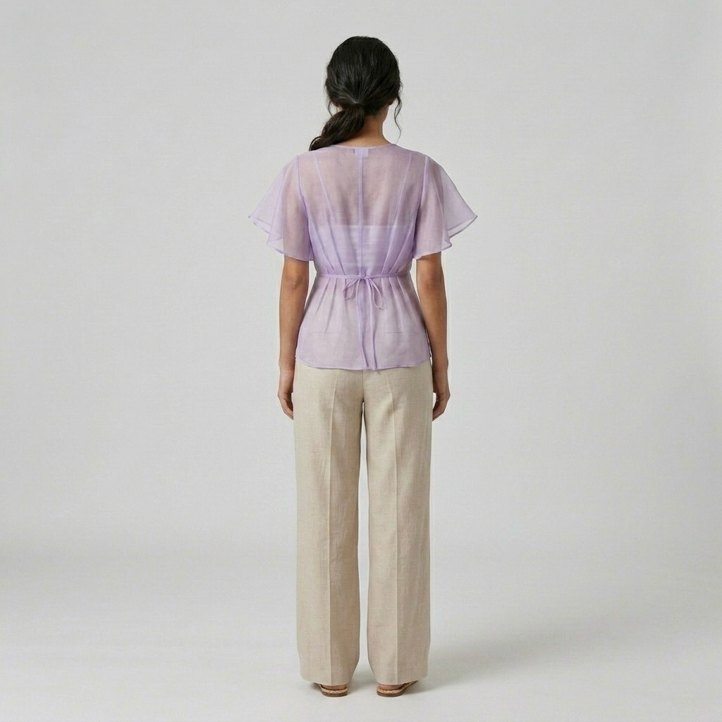 Sheer Waist-Detail Flutter Blouse