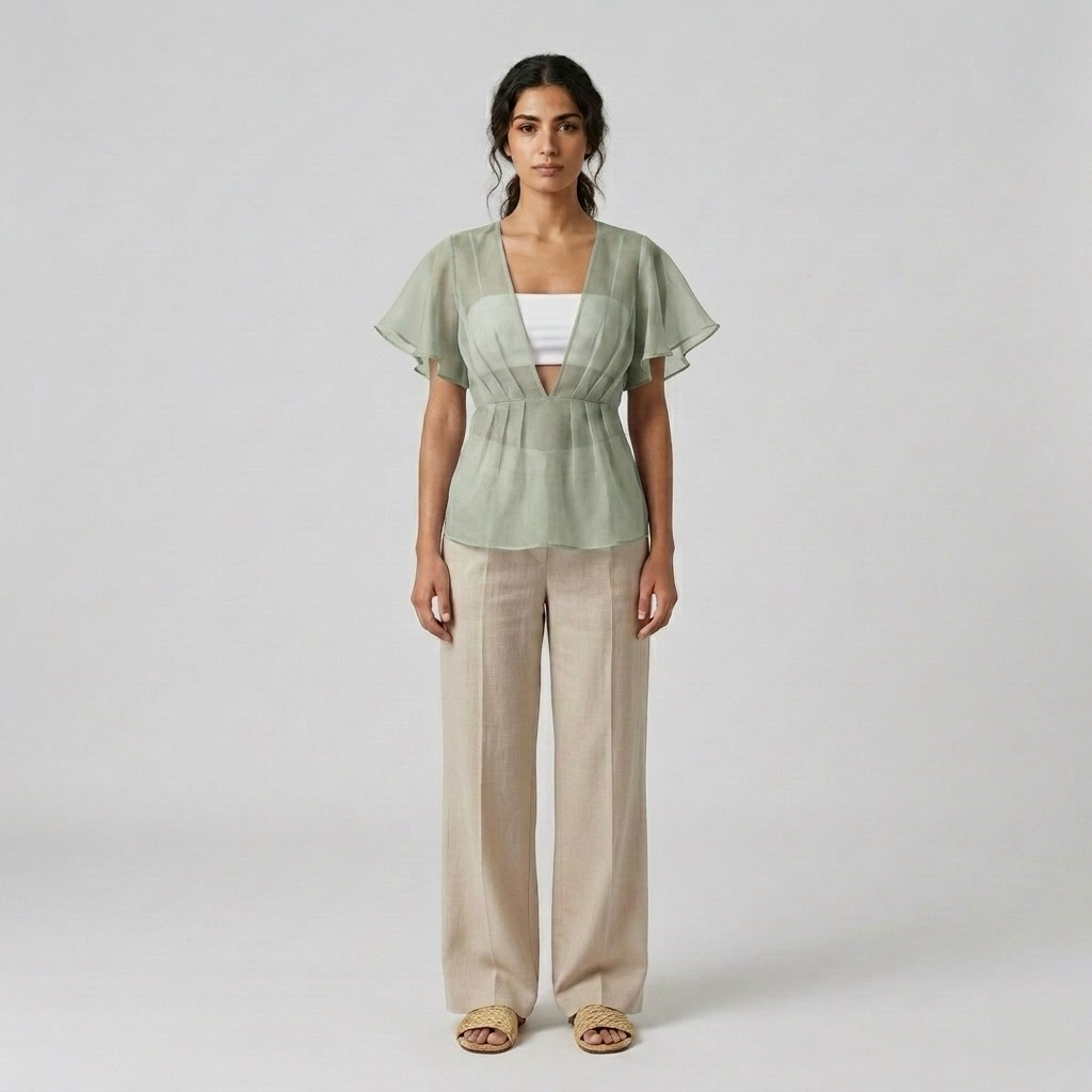 Sheer Waist-Detail Flutter Blouse