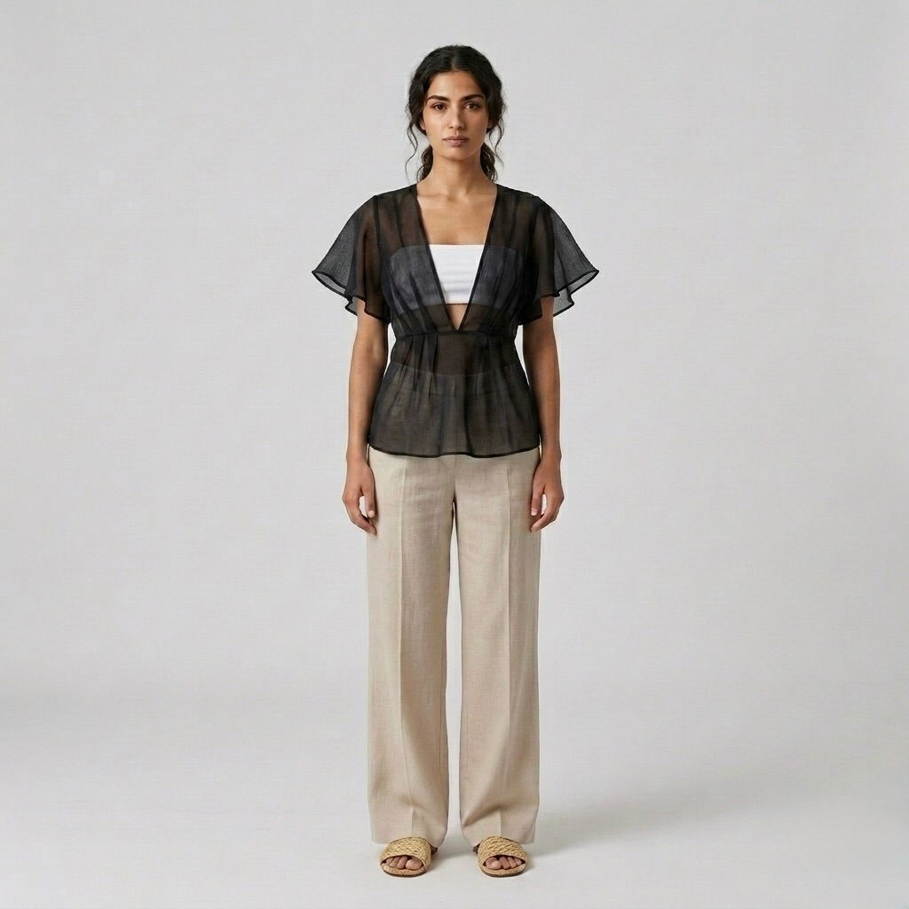 Sheer Waist-Detail Flutter Blouse