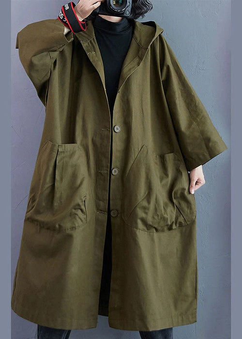 Army Green Hooded Trench Coat for Women with Button Closure 0