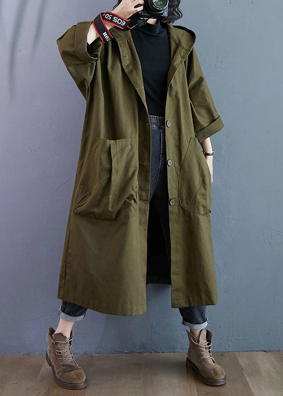 Army Green Hooded Trench Coat for Women with Button Closure 1