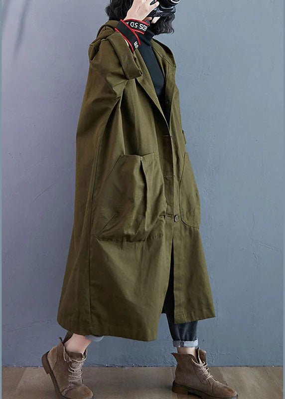 Army Green Hooded Trench Coat for Women with Button Closure 2