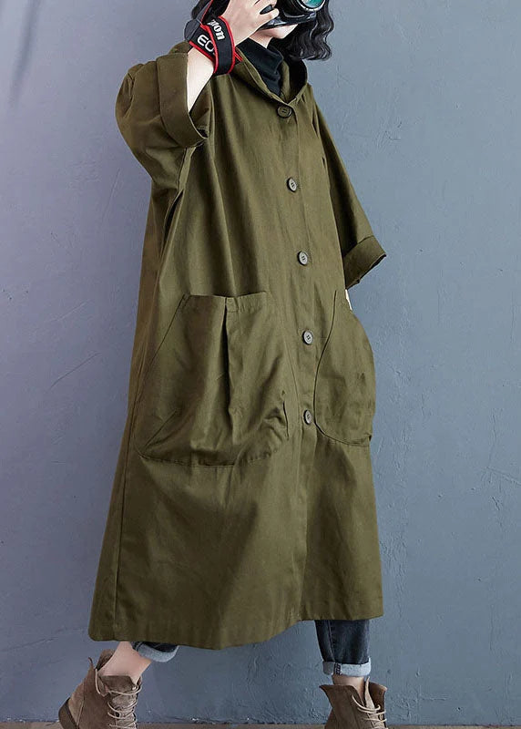 Army Green Hooded Trench Coat for Women with Button Closure 3