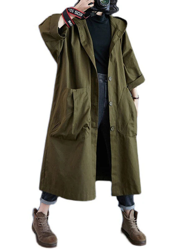 Army Green Hooded Trench Coat for Women with Button Closure 4