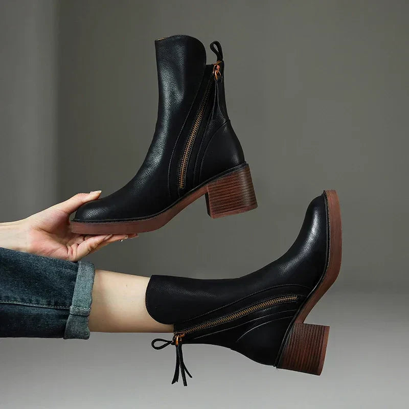 Black Zip-Up Block Heel Ankle Boots for Women 0