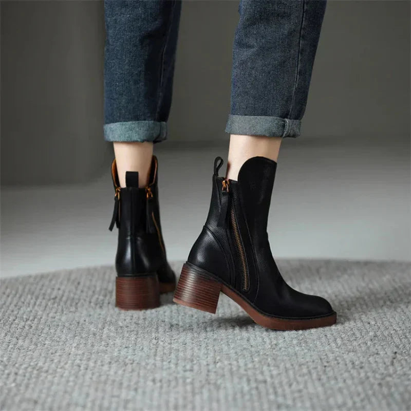 Black Zip-Up Block Heel Ankle Boots for Women 2
