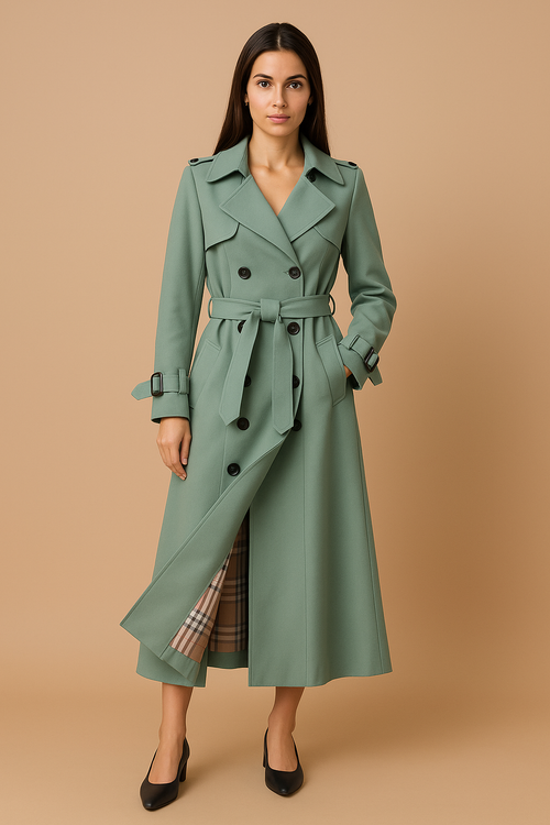 Long Double-Breasted Trench Coat with Belt