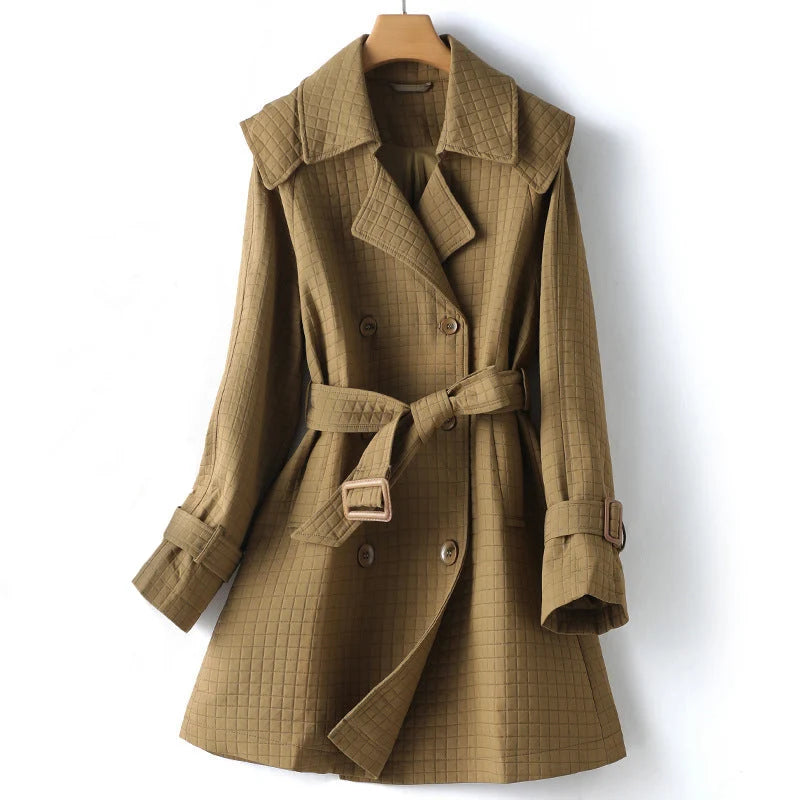 Checked Cotton Trench Coat with Waistband for Women 0