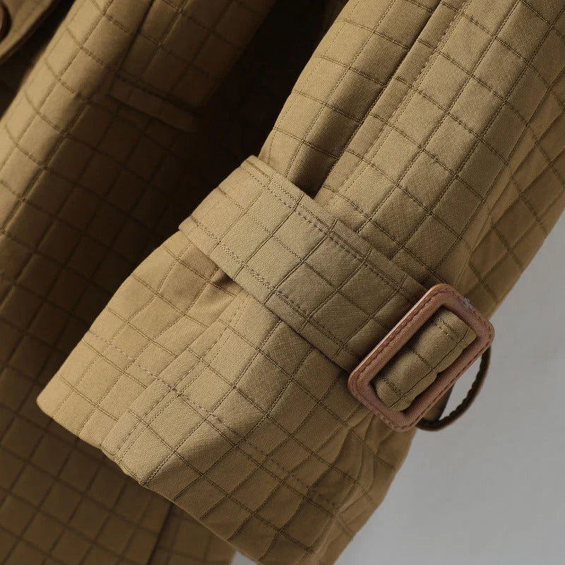 Checked Cotton Trench Coat with Waistband for Women 3