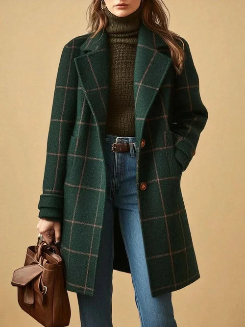 Checked Trench Coat for Women with Lapel Collar and Two-Button Closure 0