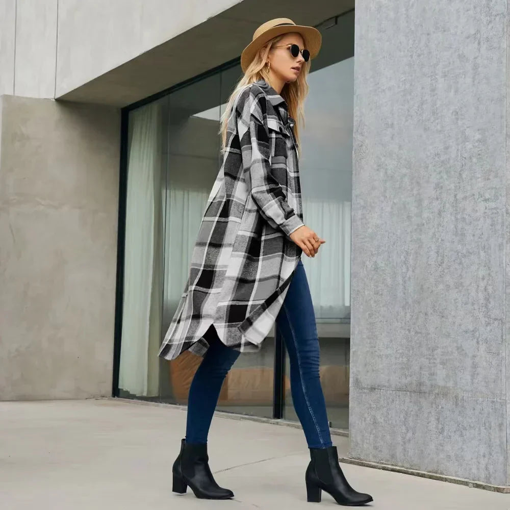 Checked Trench Coat with Side Slits and Practical Pockets 3