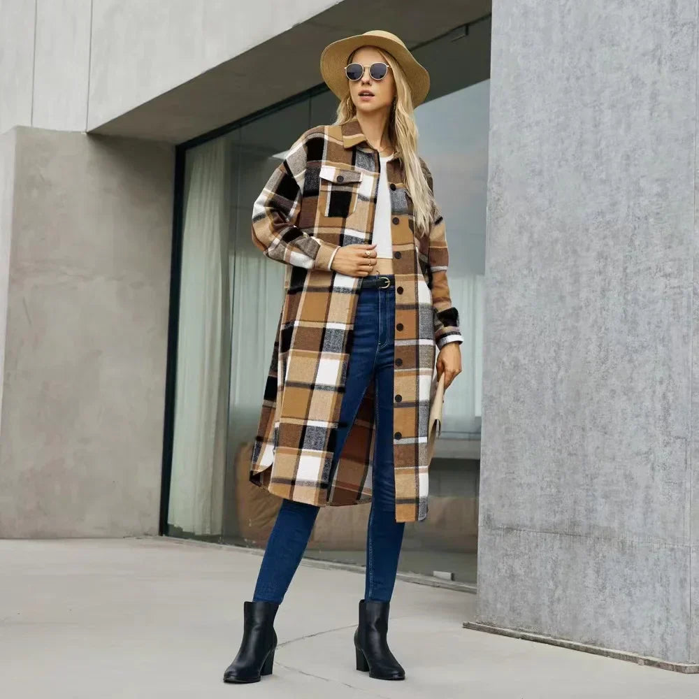 Checked Trench Coat with Side Slits and Practical Pockets 6