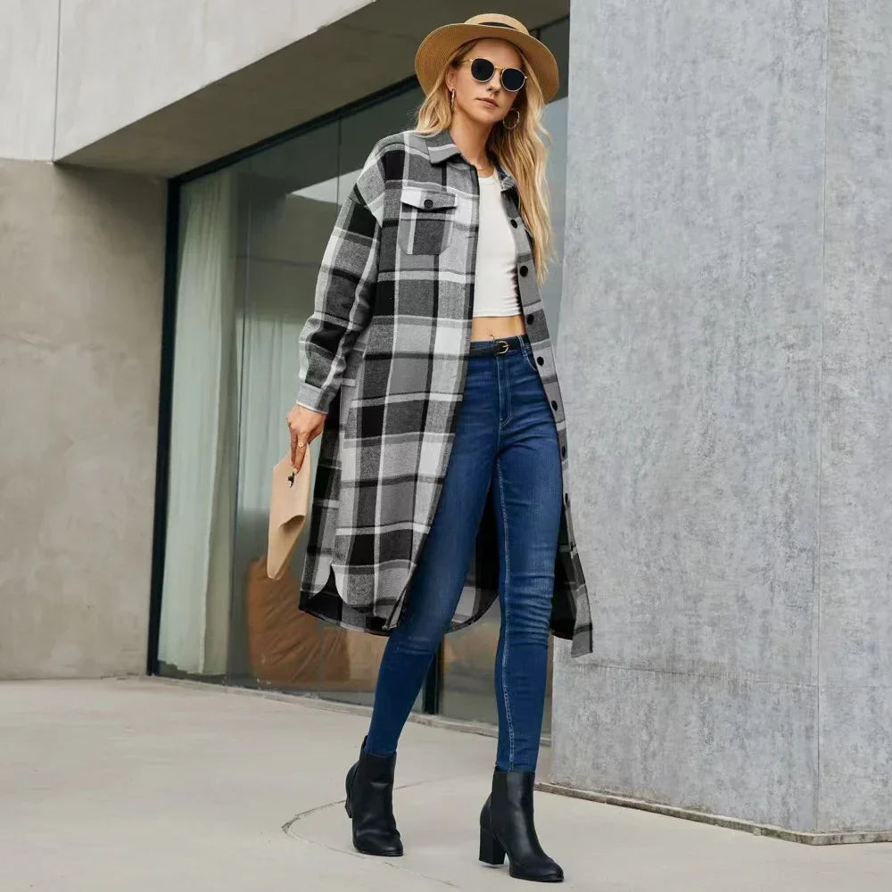 Checked Trench Coat with Side Slits and Practical Pockets 7
