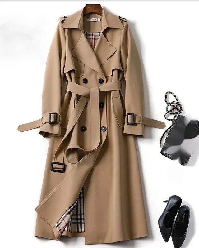 Classic Double-Breasted Black Trench Coat with Adjustable Waist Belt 0