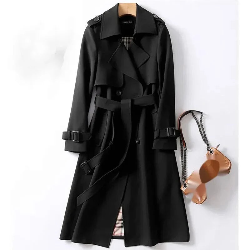 Classic Double-Breasted Black Trench Coat with Adjustable Waist Belt 4