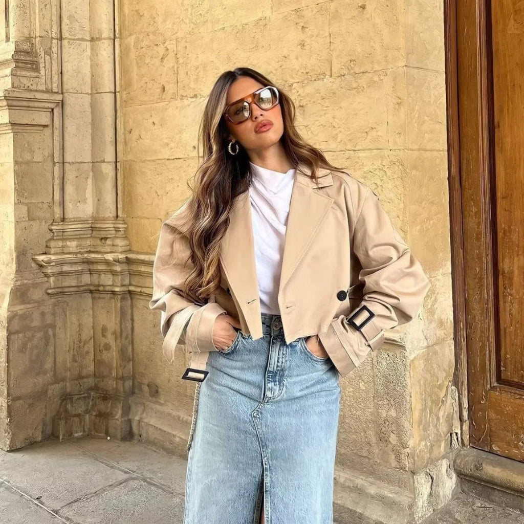 Cropped Trench Coat for Women with Tailored Fit - Lightweight Polyester 5