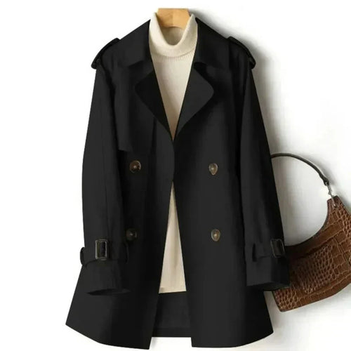 Double-Breasted Tailored Black Trench Coat for Women 0