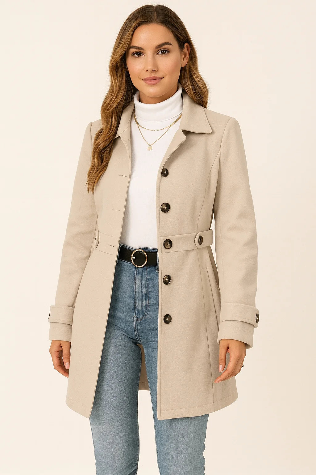 Fitted Classic Trench Coat with Adjustable Waist for Women 0