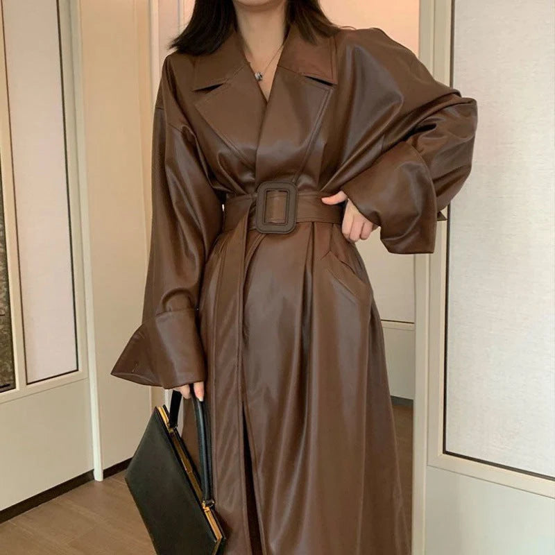 Fitted Mid-Length Leather Trench Coat with Belt and Classic Lapels 0