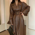 Fitted Mid-Length Leather Trench Coat with Belt and Classic Lapels 0