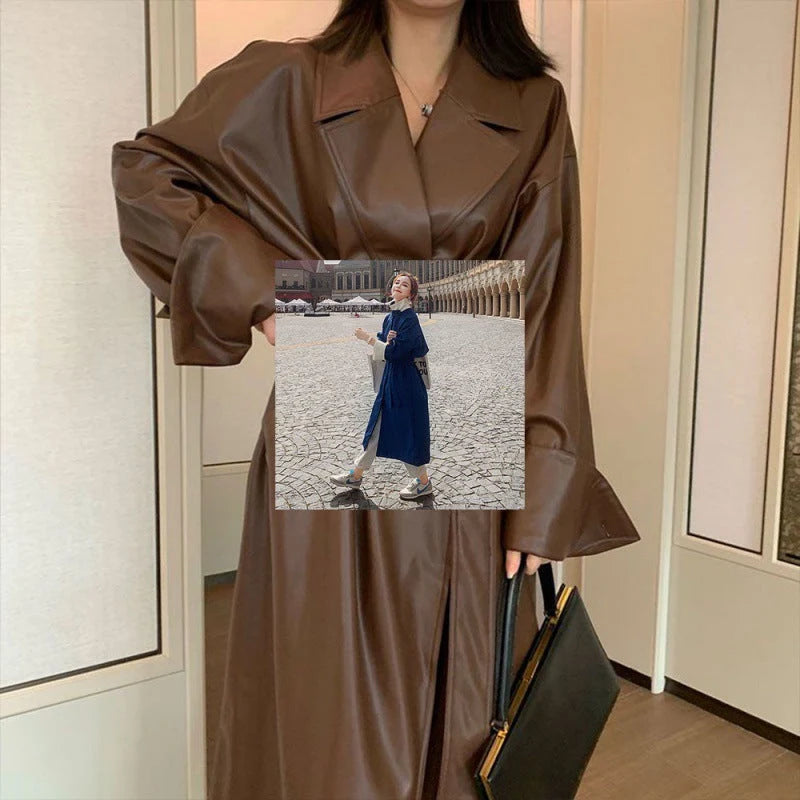 Fitted Mid-Length Leather Trench Coat with Belt and Classic Lapels 1