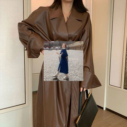 Fitted Mid-Length Leather Trench Coat with Belt and Classic Lapels 1