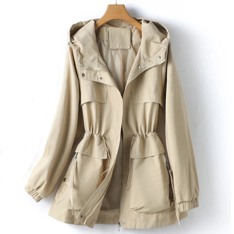 Hooded Trench Coat for Women with Adjustable Waist Drawstring 0