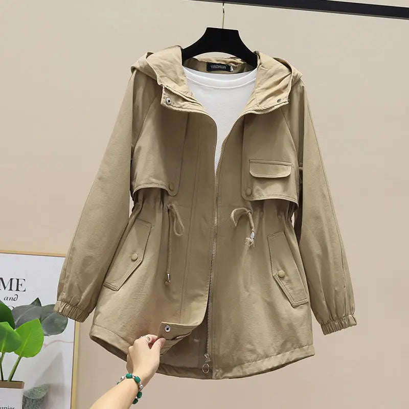 Hooded Trench Coat for Women with Adjustable Waist Drawstring 0