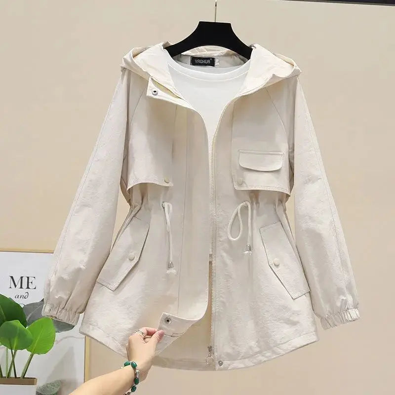 Hooded Trench Coat for Women with Adjustable Waist Drawstring 1