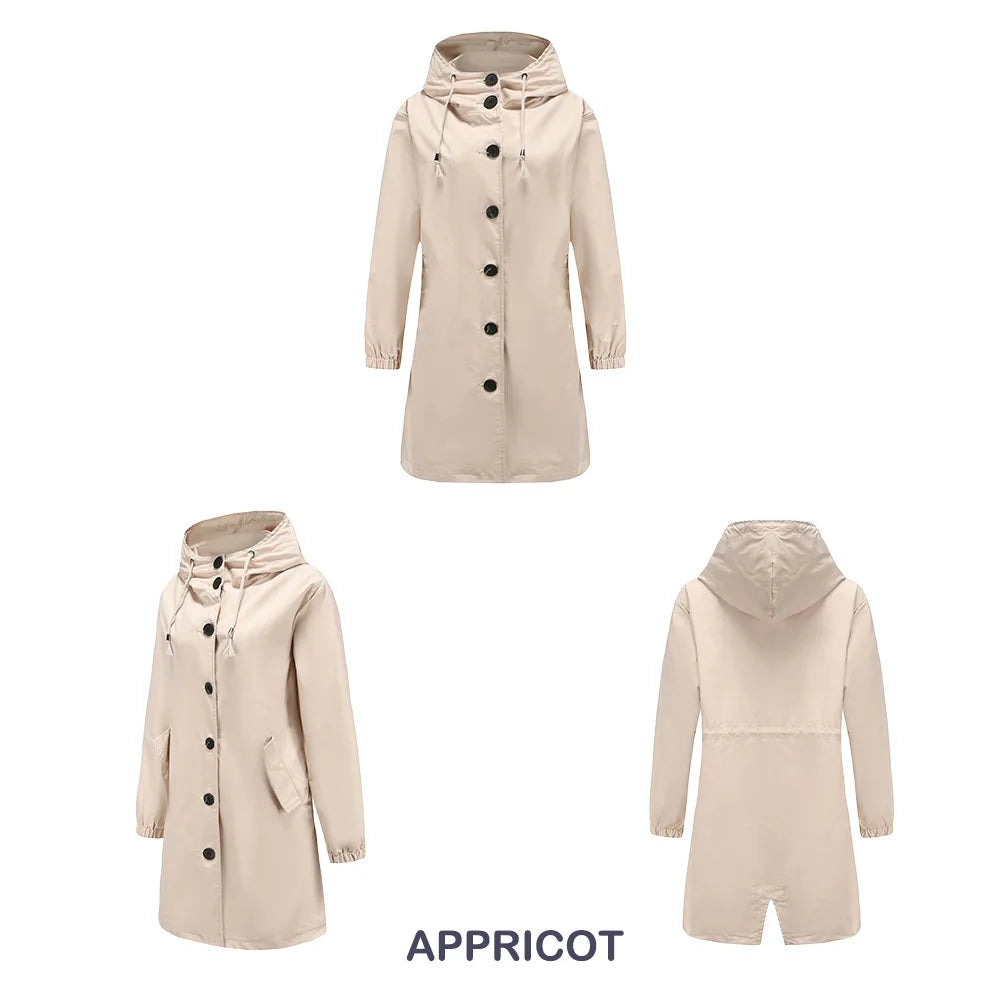 Hooded Trench Coat with Button Closure and Water-Repellent Fabric 0