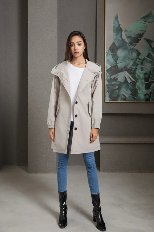 Hooded Trench Coat with Button Closure and Water-Repellent Fabric 1