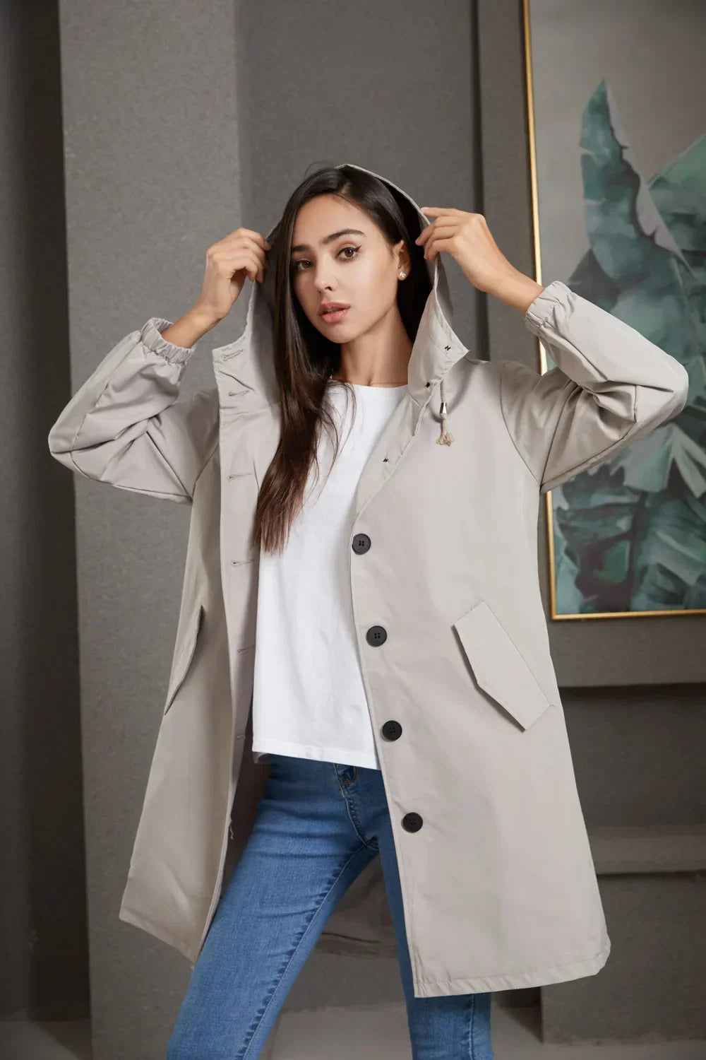 Hooded Trench Coat with Button Closure and Water-Repellent Fabric 2