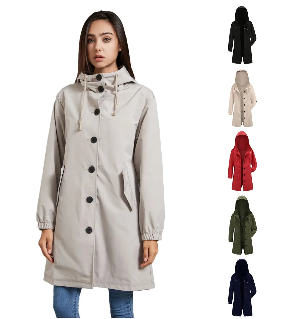 Hooded Trench Coat with Button Closure and Water-Repellent Fabric 5
