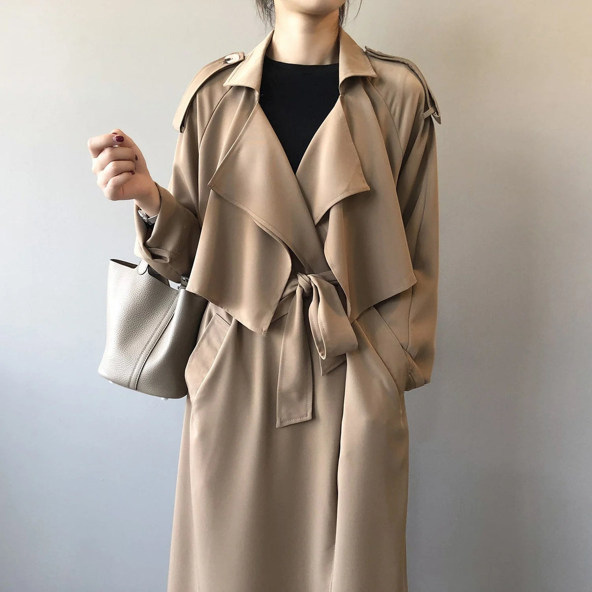 Long Fitted Black Trench Coat for Women with Classic Lapel Collar 1
