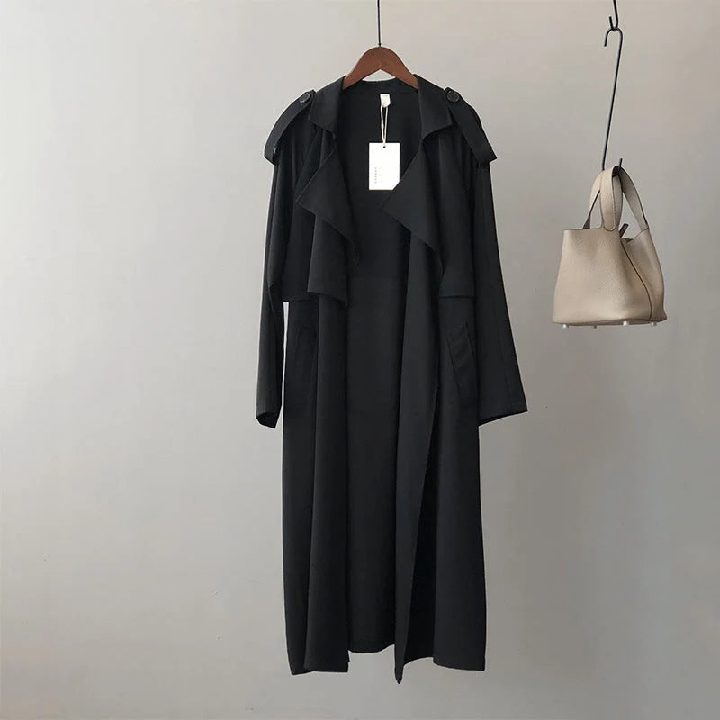 Long Fitted Black Trench Coat for Women with Classic Lapel Collar 4