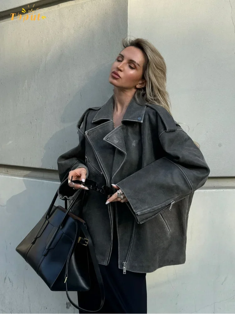 Loose Fit Suede Coat with Lapel Collar and Zip Pockets for Women 1