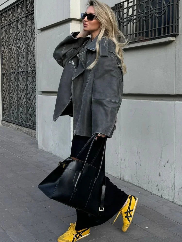 Loose Fit Suede Coat with Lapel Collar and Zip Pockets for Women 3