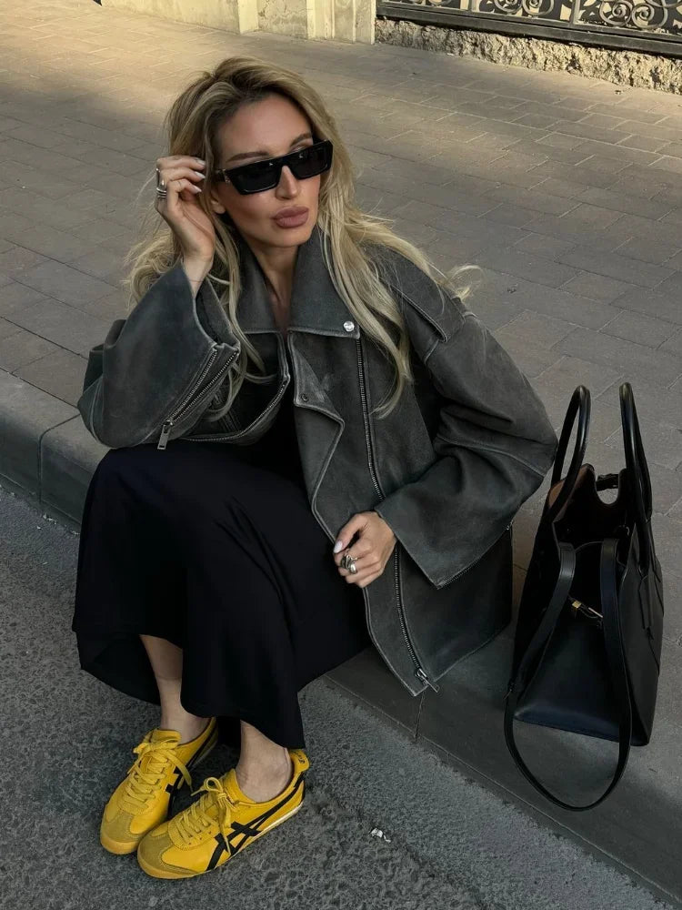 Loose Fit Suede Coat with Lapel Collar and Zip Pockets for Women 4