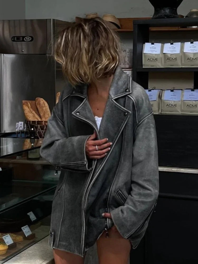 Loose Fit Suede Coat with Lapel Collar and Zip Pockets for Women 5