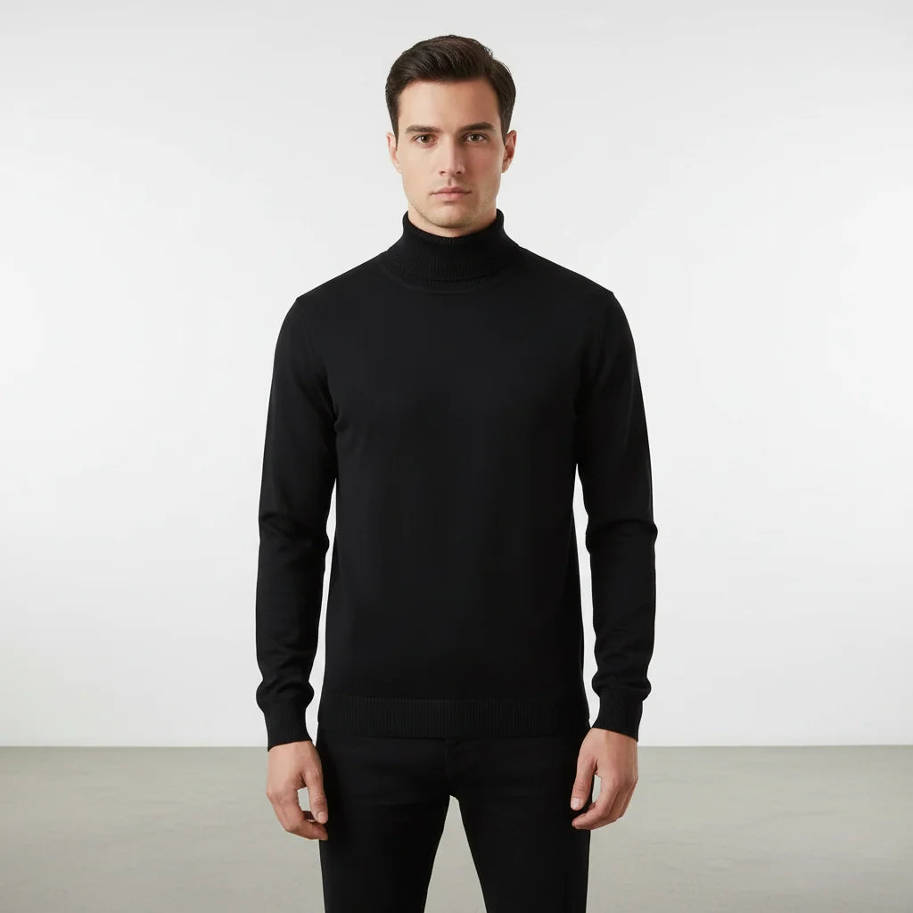 Men's Fine Knit Turtleneck Sweater With Ribbed Edges - Versatile Style 1