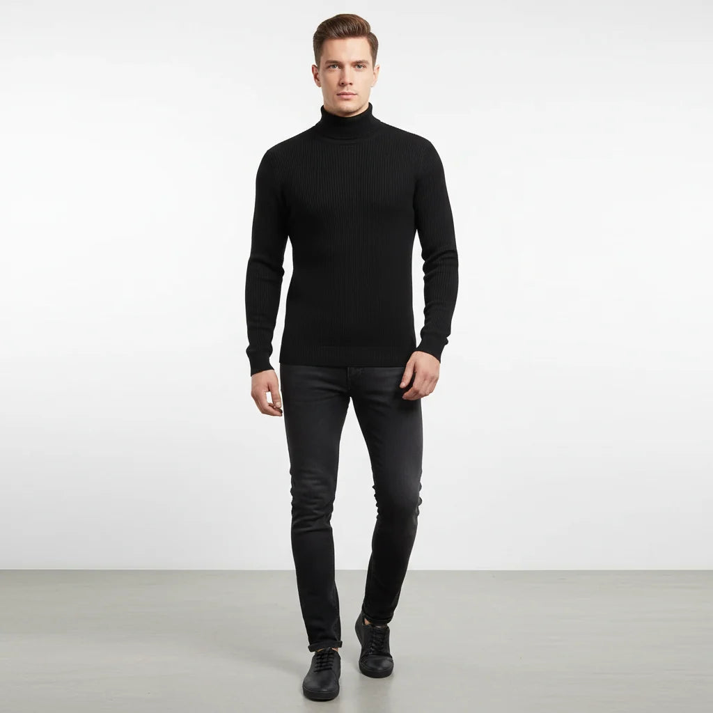 Men's Fine Mesh Knit Turtleneck Sweater with Ribbed Trim 1