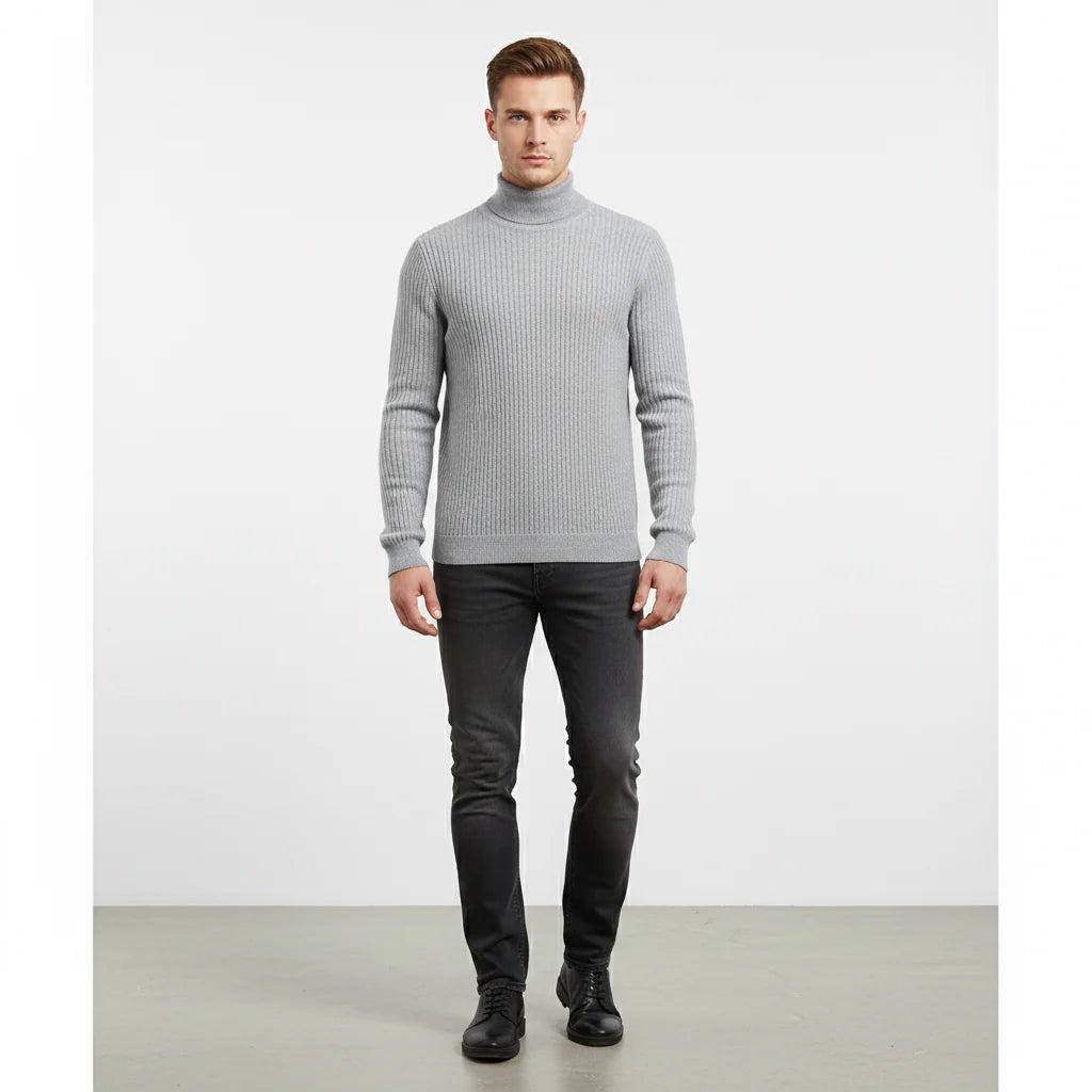 Men's Fine Mesh Knit Turtleneck Sweater with Ribbed Trim 2