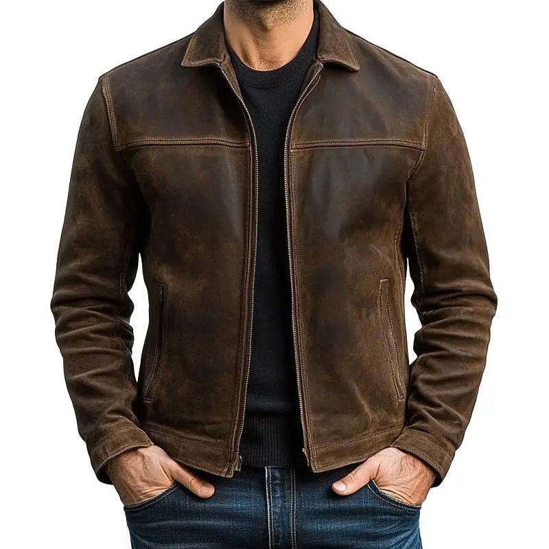 Men's fitted biker leather jacket featuring zip cuffs and multiple pockets, designed for a stylish and rugged look. 0