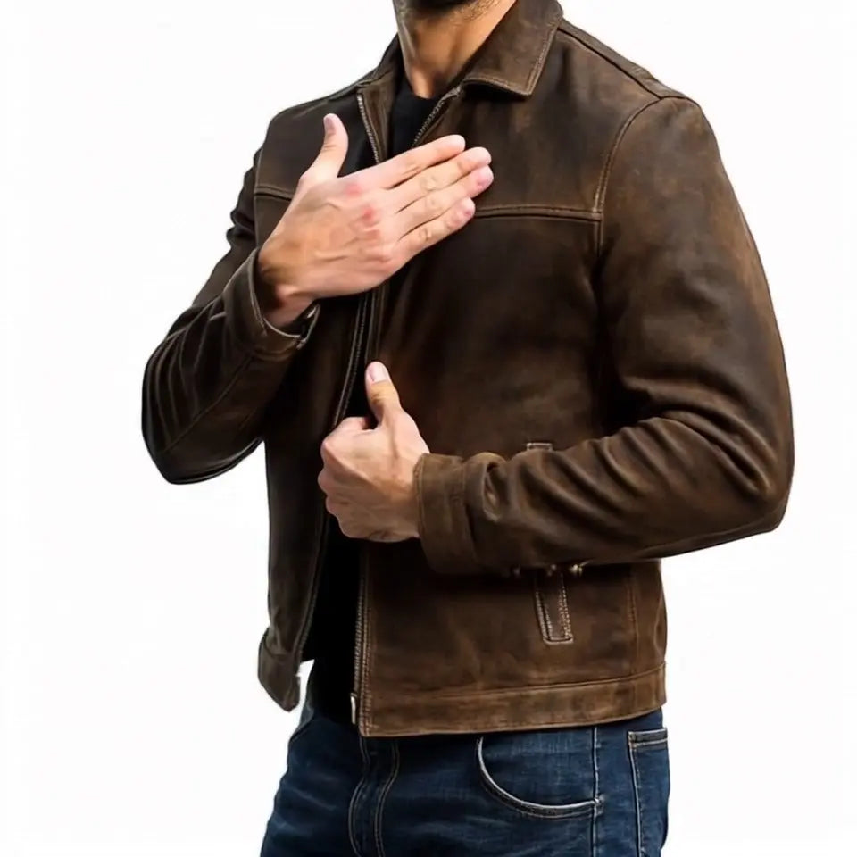 Men's fitted biker leather jacket featuring zip cuffs and multiple pockets, designed for a stylish and rugged look. 1