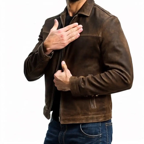 Men's fitted biker leather jacket featuring zip cuffs and multiple pockets, designed for a stylish and rugged look. 1