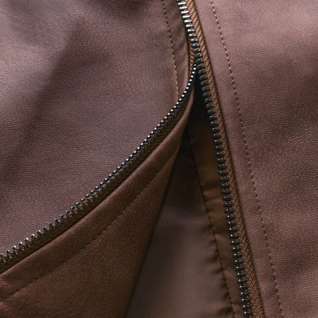 Men's fitted biker leather jacket featuring zip cuffs and multiple pockets, designed for a stylish and rugged look. 4